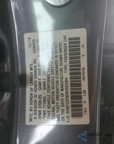 2019 Honda Civic Sport from USA, damaged, VIN 2HGFC2F82KH522994